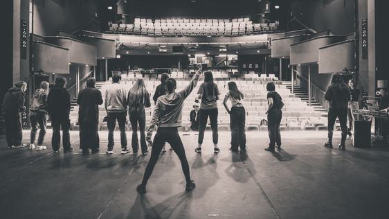 Photo taken behind the cast on stage for a Young Garrick performance.