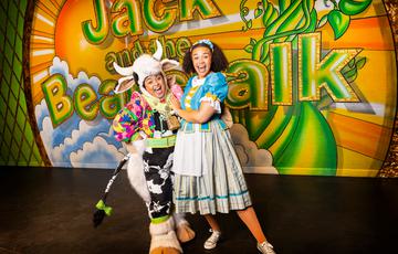 Jack and the Beanstalk panto cast members Clarice Julianda as Dave the Cow and Becky Sanneh as Jack Trot