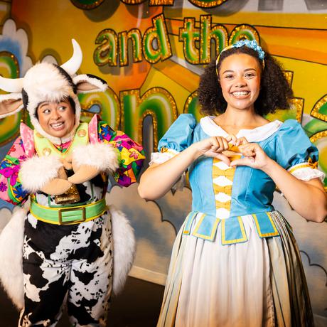 Jack and the Beanstalk panto cast members Clarice Julianda as Dave the Cow and Becky Sanneh as Jack Trot
