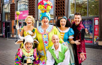Jack and the Beanstalk panto cast outside in front of the Theatre
