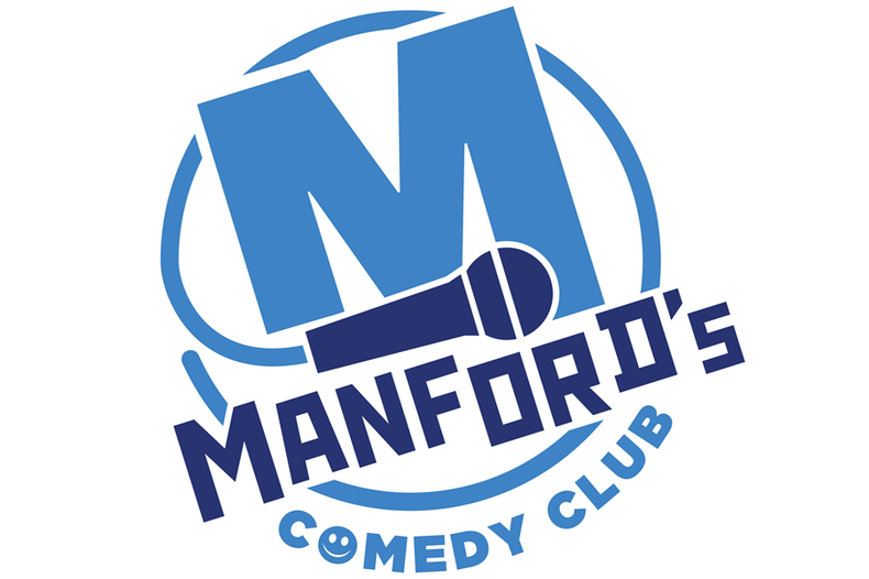 Manford Comedy Blue and white Logo