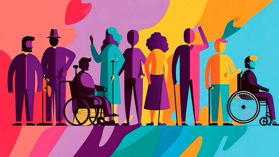 An image depicting people with different forms of accessibility needs