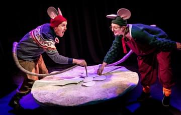 Production Image of Mince Pie Mouse featuring two actors playing mice.
