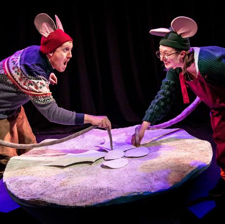Production Image of Mince Pie Mouse featuring two actors playing mice.